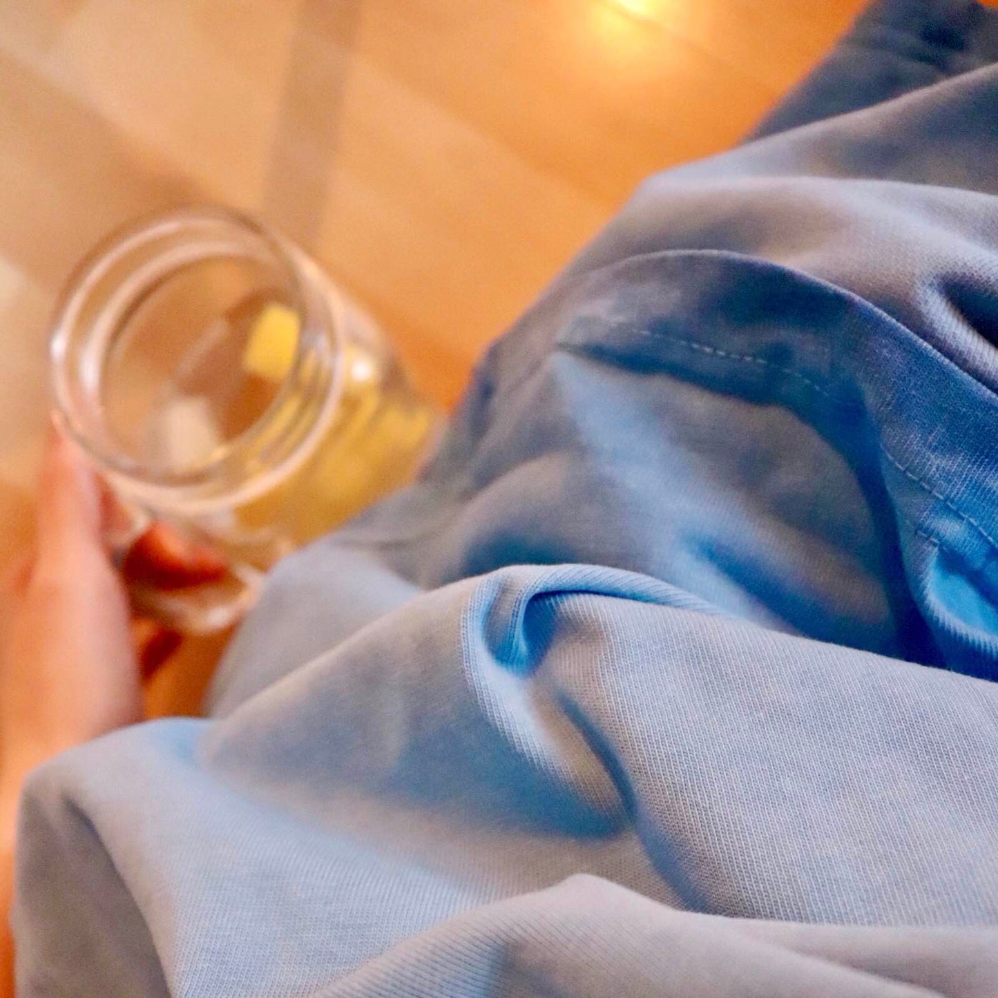 gtsalpina Morning Lake blue t-shirt, unisex oversized cotton homewear, paired with shorts